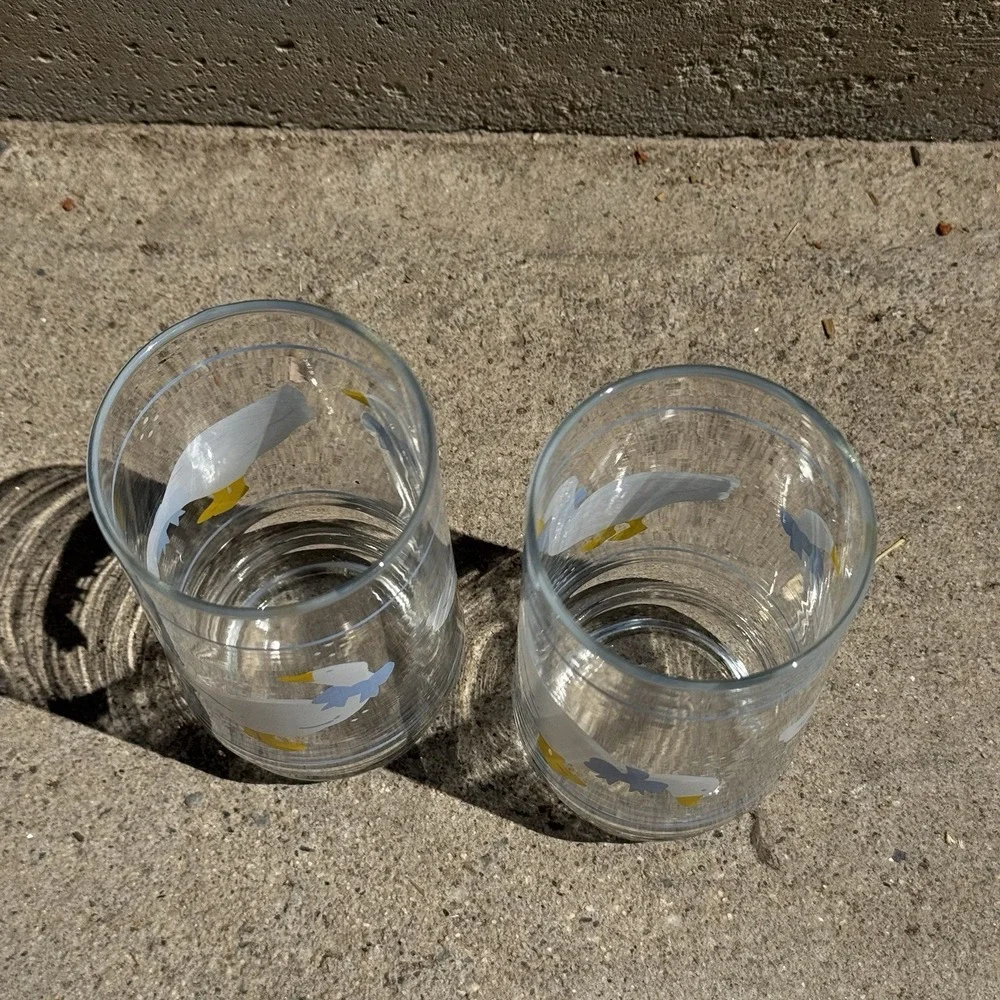 1980s Country Goose Drinking Glasses Blue Bow Farmhouse Cottage Country Kitchen